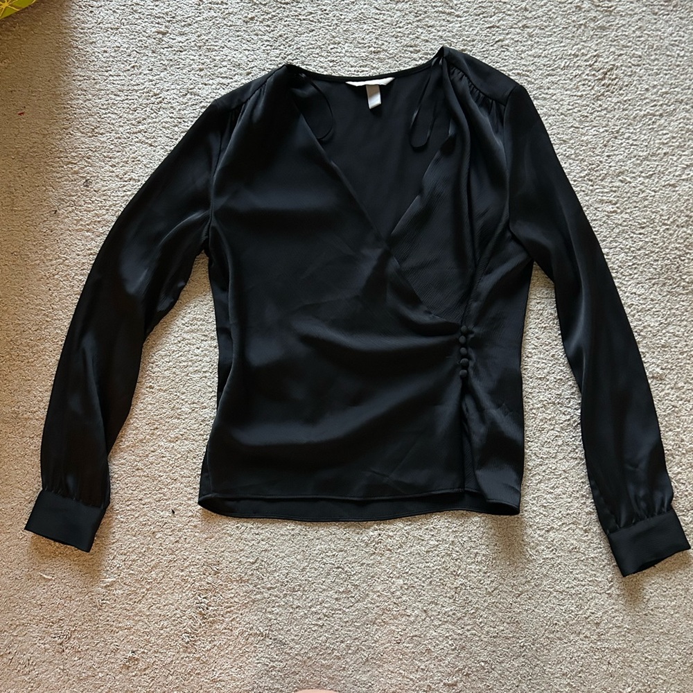 H&M Black Wrap-Front Long Sleeve Blouse